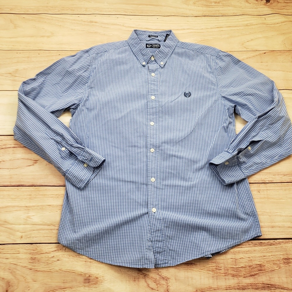 Chaps Ralph Lauren Shirt Mens Large Blue White Button Up Long Sleeve Custom Fit